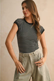 Miou Muse Ribbed Striped Cap Sleeve Bodysuit in Black/Stone - Little Miss Muffin Children & Home