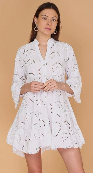 Loowie English Embroidered Short Dress with Billowy Sleeves in White