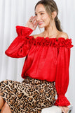 Vine & Love Ruffle Off-the-Shoulder Metallic Blouse in Red