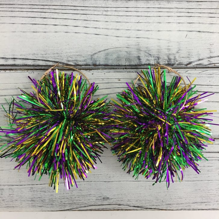Mardi Gras Tinsel Pom Pom Hoop Earrings