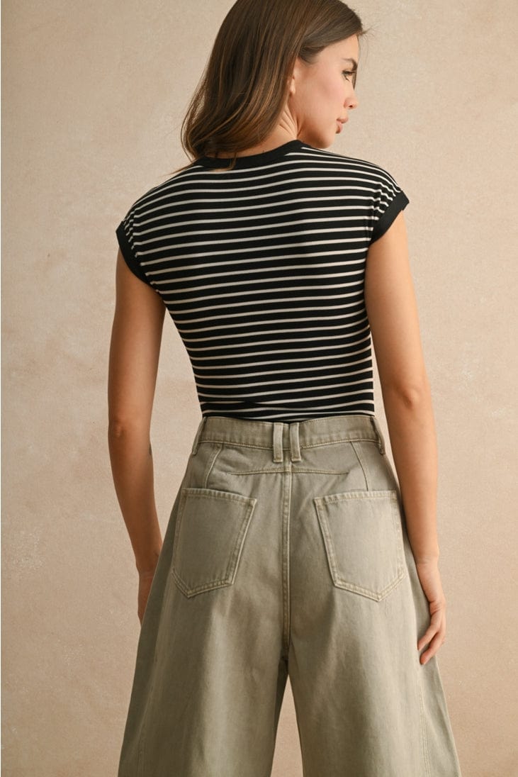 Miou Muse Ribbed Striped Cap Sleeve Bodysuit in Black/Stone - Little Miss Muffin Children & Home