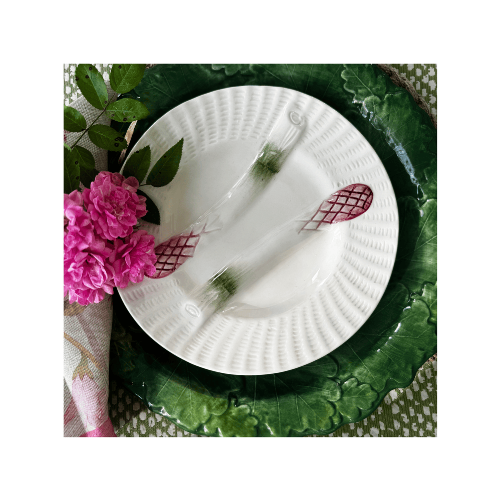 White with Green & Pink Details Asparagus Plate