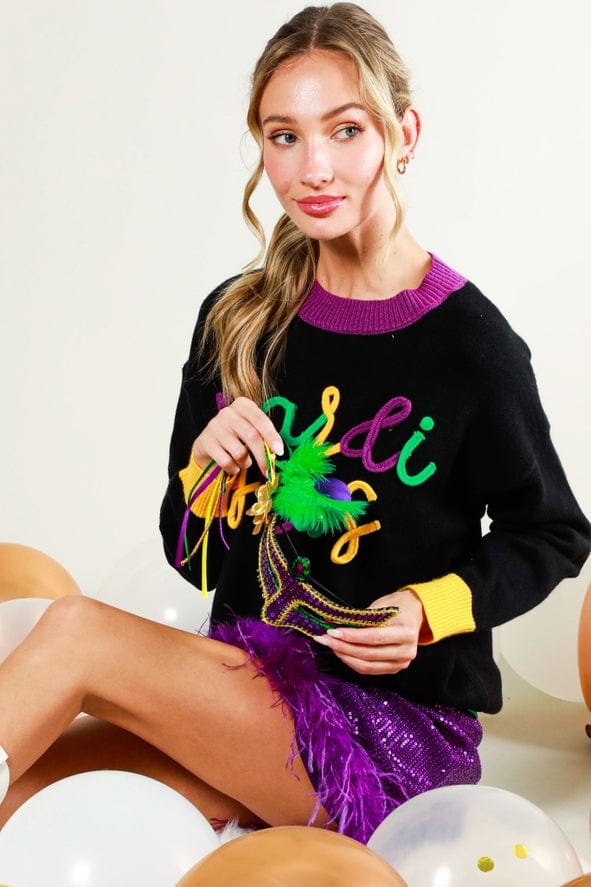 Vine & Love Vine & Love Mardi Gras Contrast Letter Sweater in Black - Little Miss Muffin Children & Home