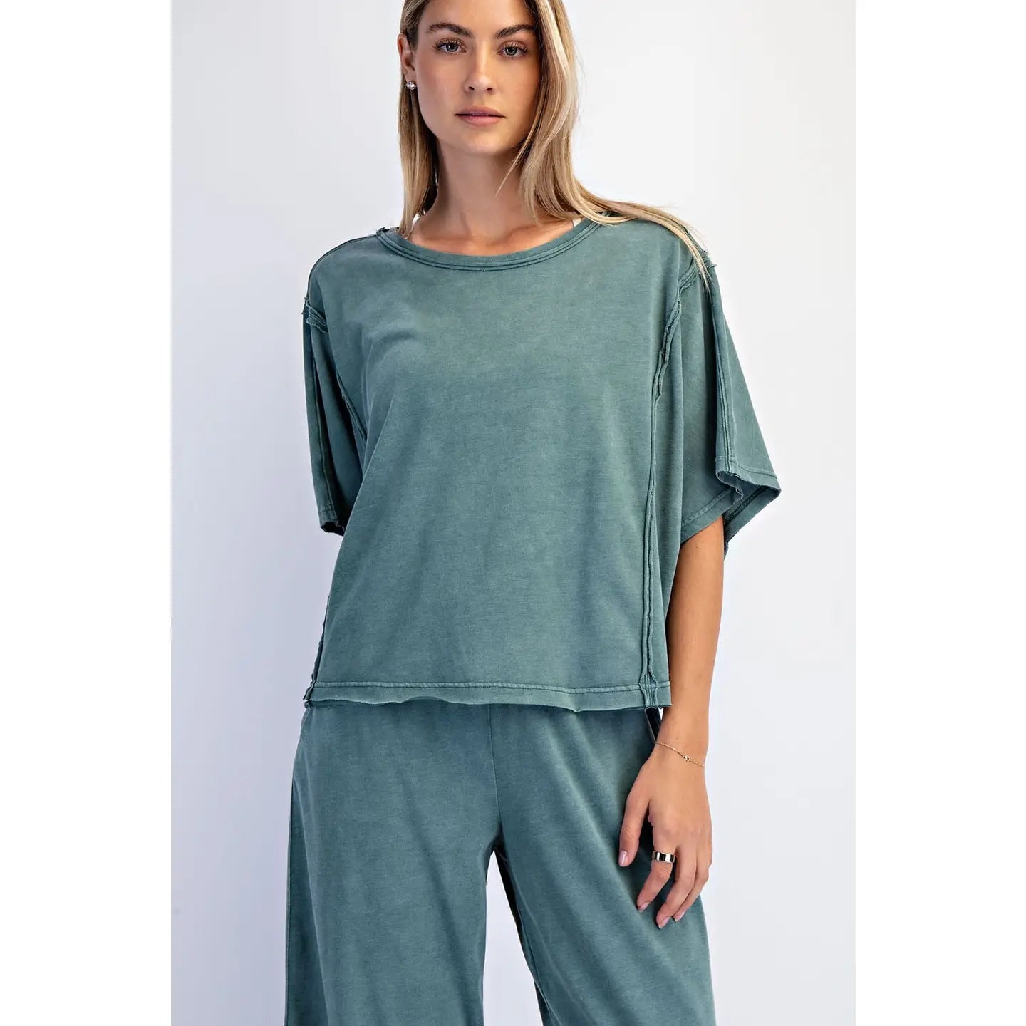 Mineral Washed Boxy Top & Barrel Pant Set in Jungle