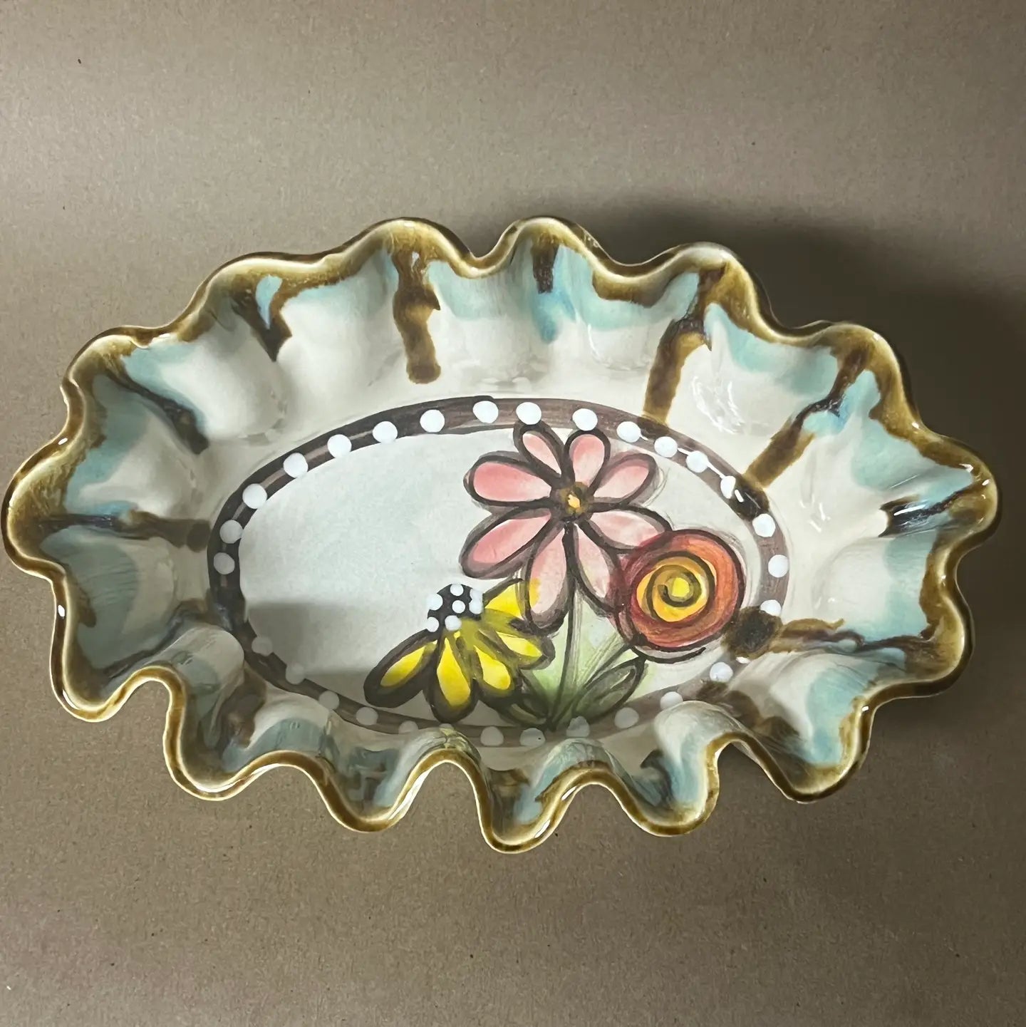 Oval Bowl with Drip Flowers