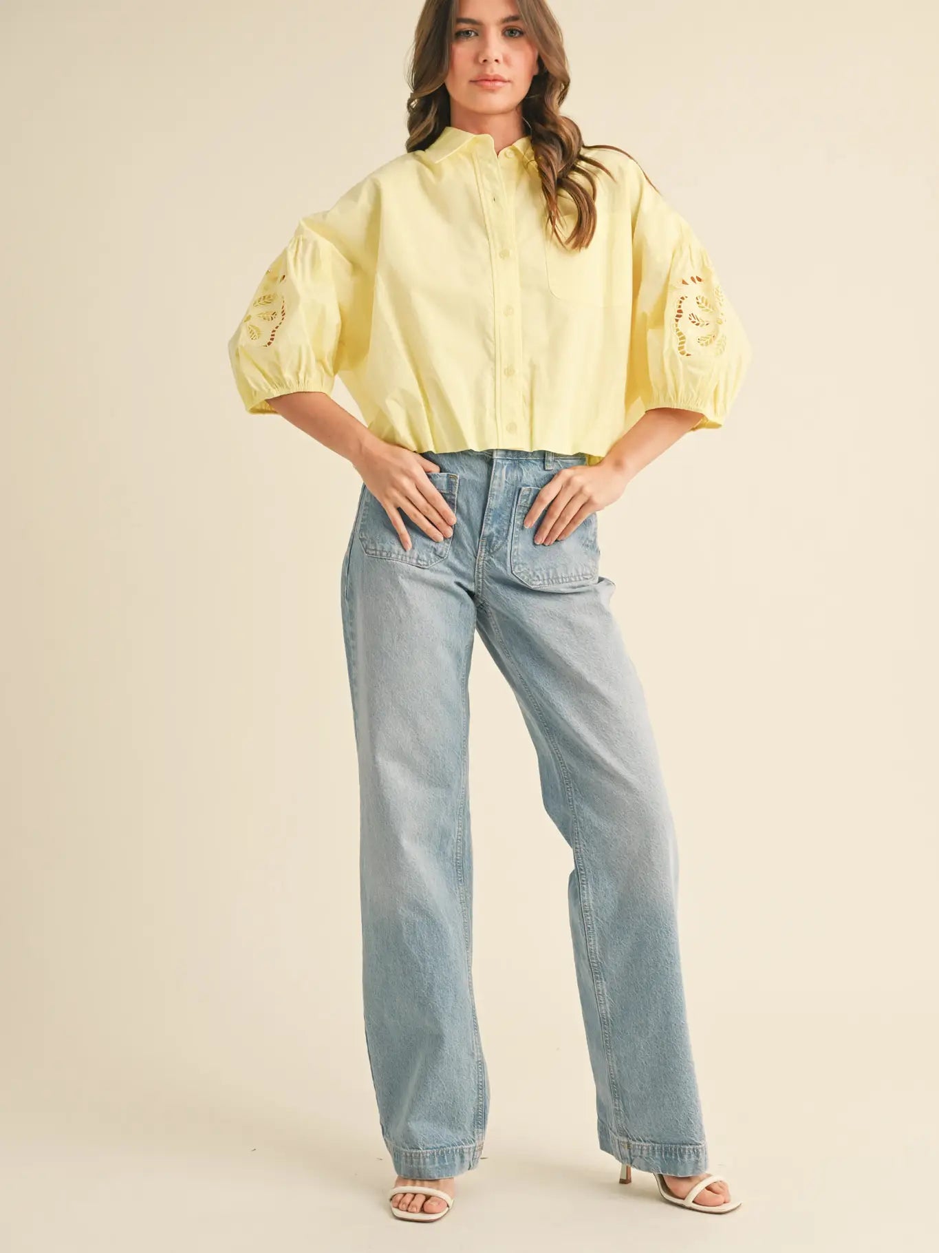 Eyelet Embroidered Puffy Sleeve Button Down Top in Lemon