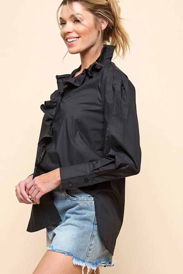 Cezele Cezele Ruffle Collar Button Down Blouse in Black - Little Miss Muffin Children & Home