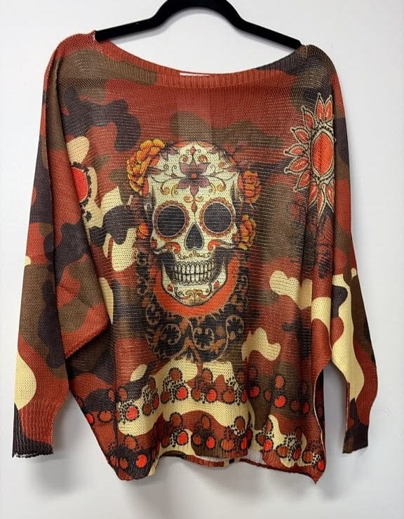 Rust Sugar Skull Printed Sweater