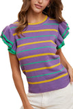 Vanilla Monkey Mardi Gras Striped Ruffle Sleeve Sweater