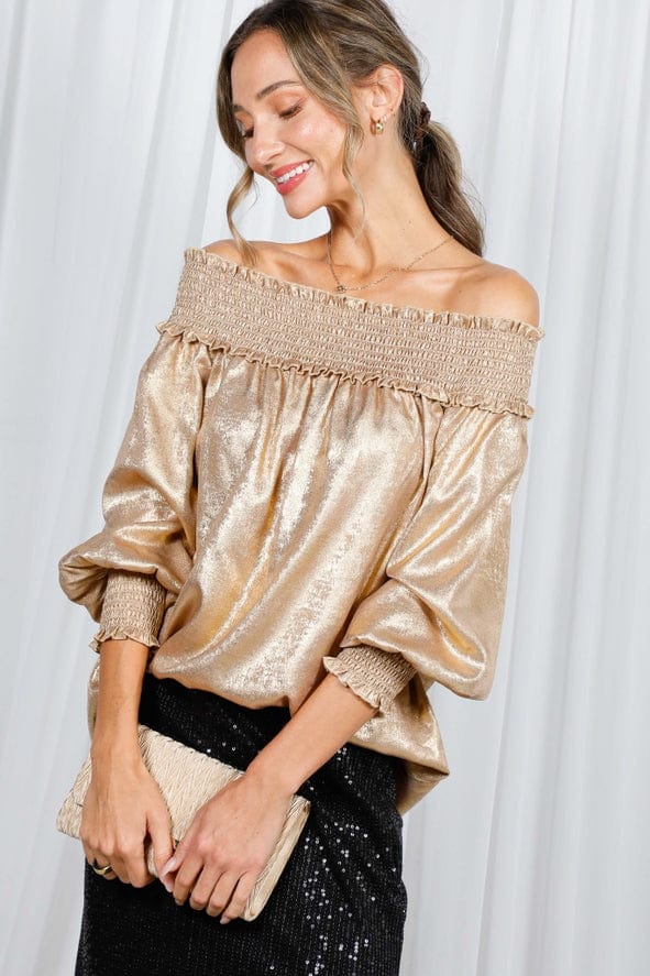 Vine & Love Vine & Love Smocked Off-the-Shoulder Metallic Blouse in Gold - Little Miss Muffin Children & Home