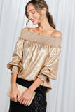 Vine & Love Smocked Off-the-Shoulder Metallic Blouse in Gold