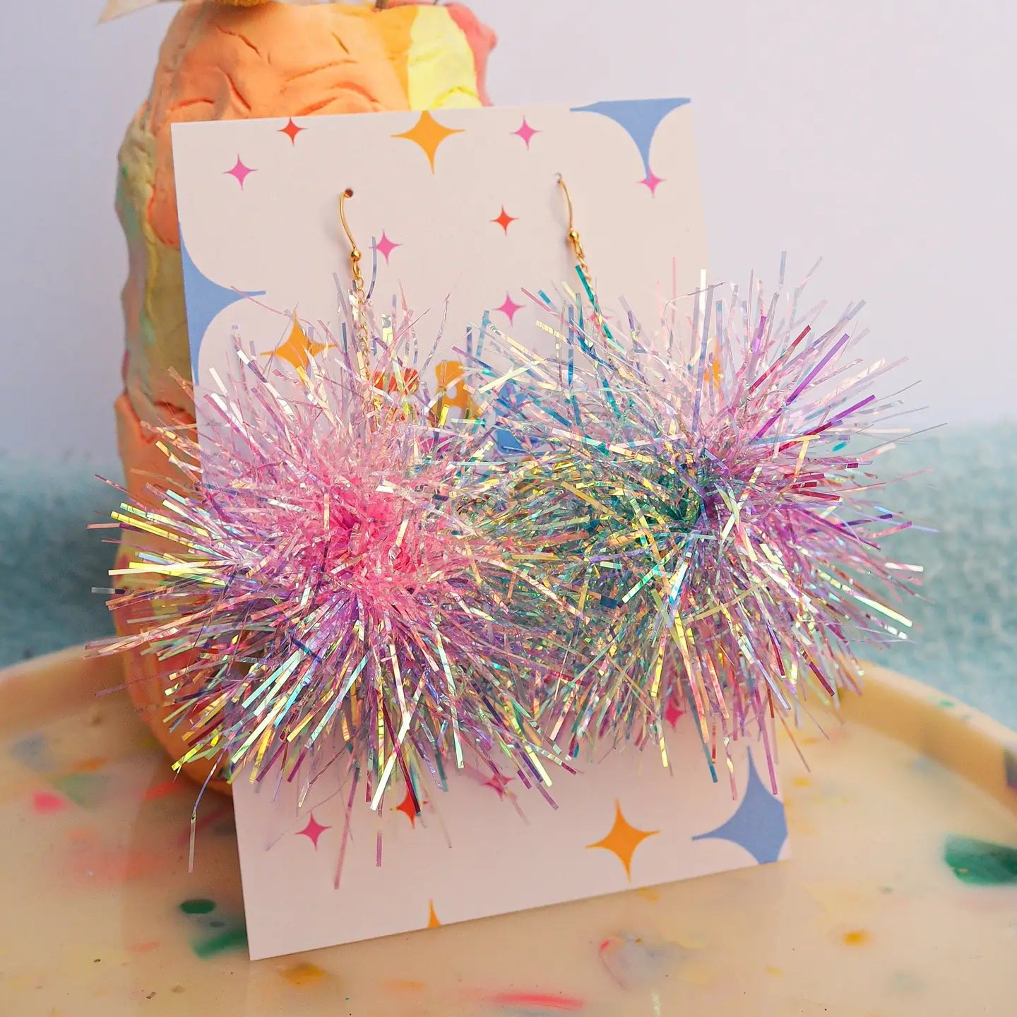 Fat Pom Poms Pink, Blue, Purple Tinsel Earrings - Little Miss Muffin Children & Home