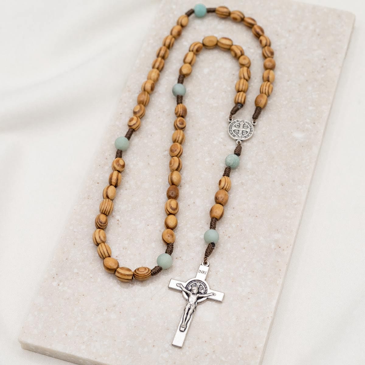 My Saint My Hero Olive Wood Beads and Amazonite Medjugorje Rosary Silver - Little Miss Muffin Children & Home