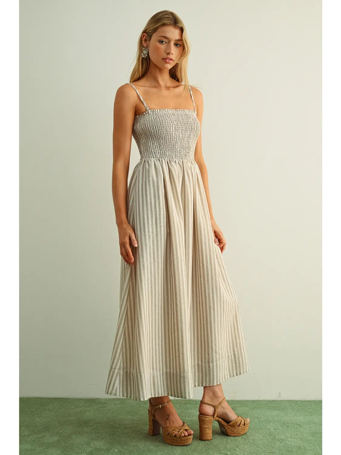 Striped Smocked Bodice Maxi Dress in Tan