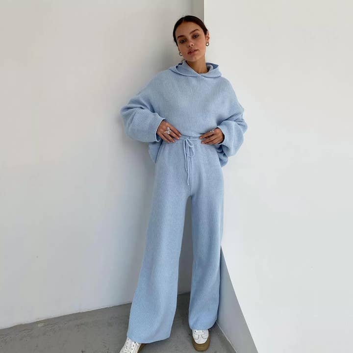 Blue Solid Color Hoodie Top and Pant Set Sweater Set