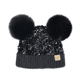 C.C Beanie Baby Cluster Sequin Faux Fur Double Pom in Black