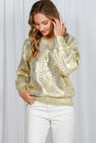 Vine & Love Crew Neck Cable Knit Metallic Foil Sweater in Gold