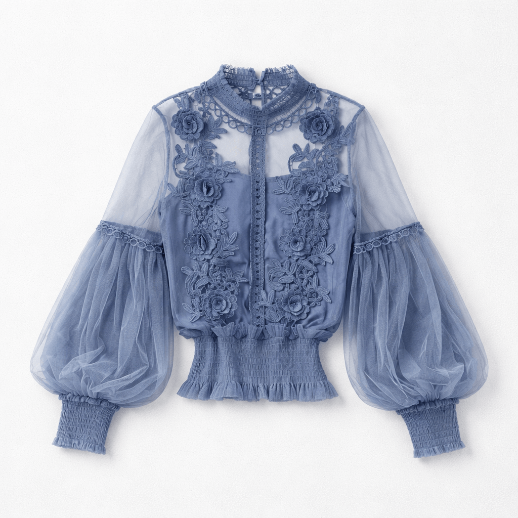 Sheer Vintage Mesh Balloon Sleeve Top with Cami in Blue
