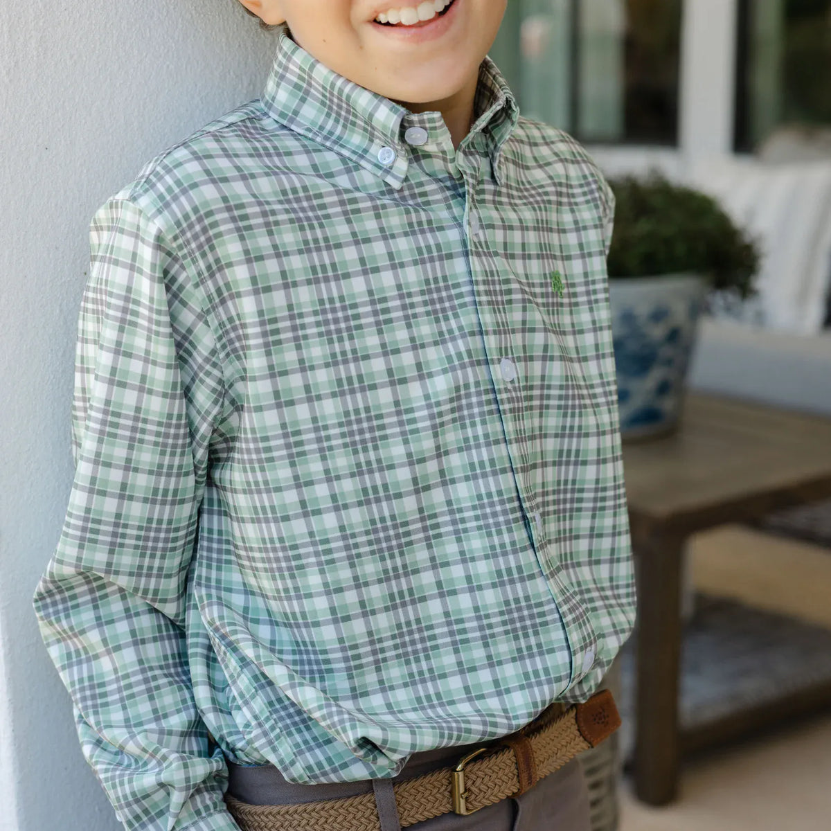 Roscoe Performance Button Down Shirt in Oak Plaid