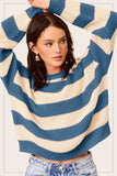 La Miel Loose Fit Striped Round Neck Long Sleeve Sweater in Denim