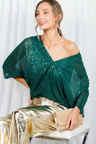 Vine & Love Allover Sequin V-Neck Dolman Sleeve Blouse in Hunter Green