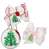 Beyond Creations Embroidered Christmas Tree  4.5" Large Crochet Edge Bow White with Red Crochet Edge