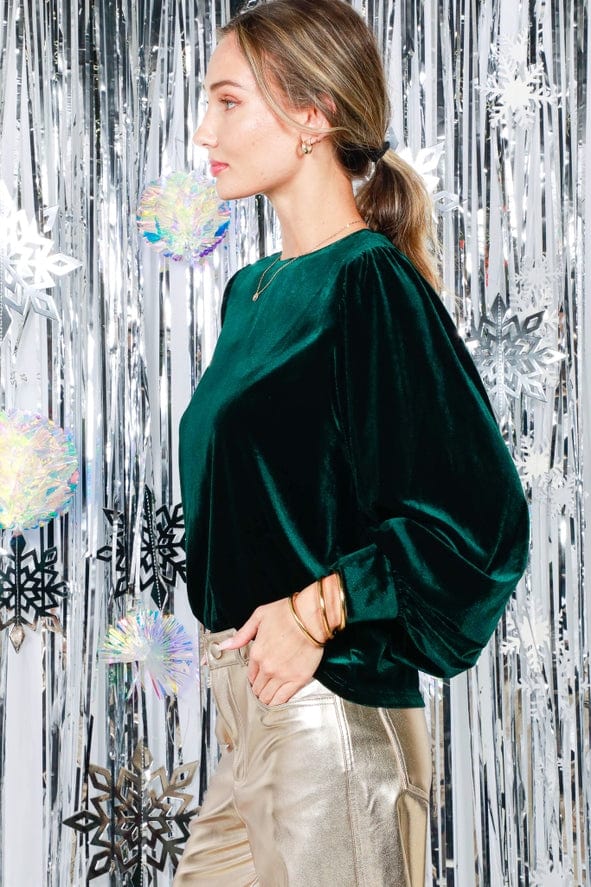 Vine & Love Vine & Love Long Balloon Sleeve Round Neck Velvet Blouse Top in Hunter Green - Little Miss Muffin Children & Home
