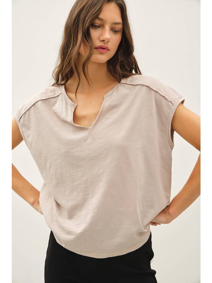 Garment Dye Oversize Cut Split-V Cotton Slub Tee