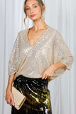 Vine & Love Allover Sequin V-Neck Dolman Sleeve Blouse in Gold