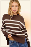 La Miel Striped Mock Neck Dolman Sleeve Loose Fit Sweater in Fudge