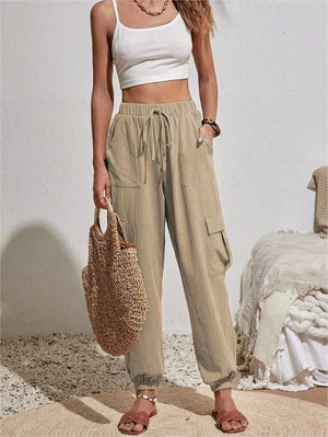 Rosa Clothing Trousers Pocket Casual Cargo Pants in Khaki