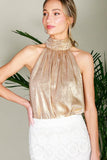 Vine & Love Metallic Halter Neck Tie Back Blouse in Gold