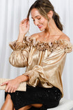 Vine & Love Ruffle Off-the-Shoulder Metallic Blouse in Gold