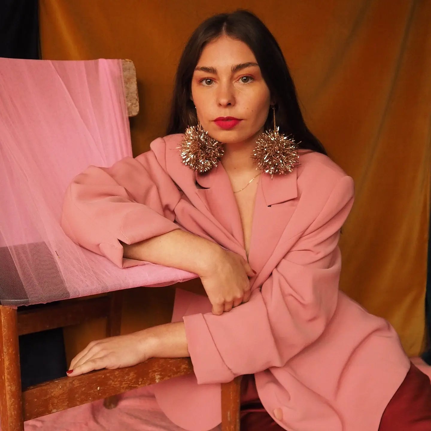 Fat Pom Poms Champagne Gold Tinsel Earrings - Little Miss Muffin Children & Home