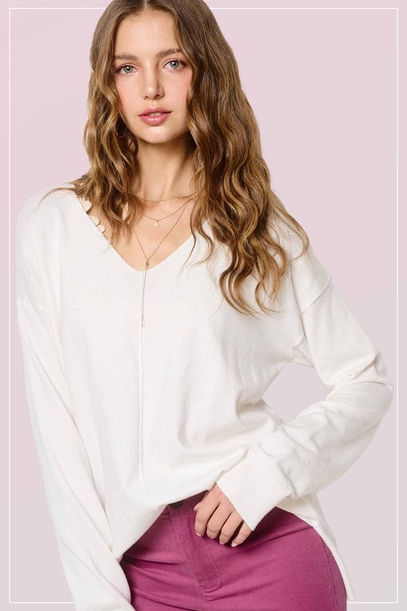 La Miel La Miel Lightweight V-Neck Sweater in Snow - Little Miss Muffin Children & Home