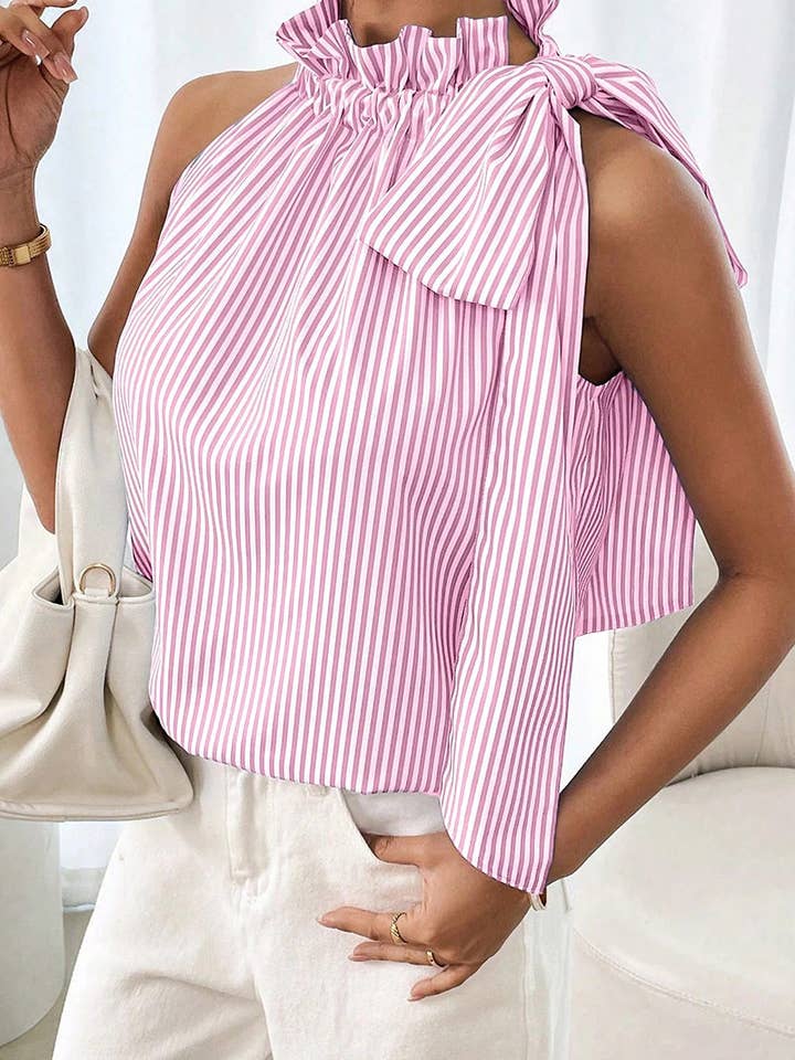 Striped Ruffle Neck Halter Tie Tank, 3 Colors Available