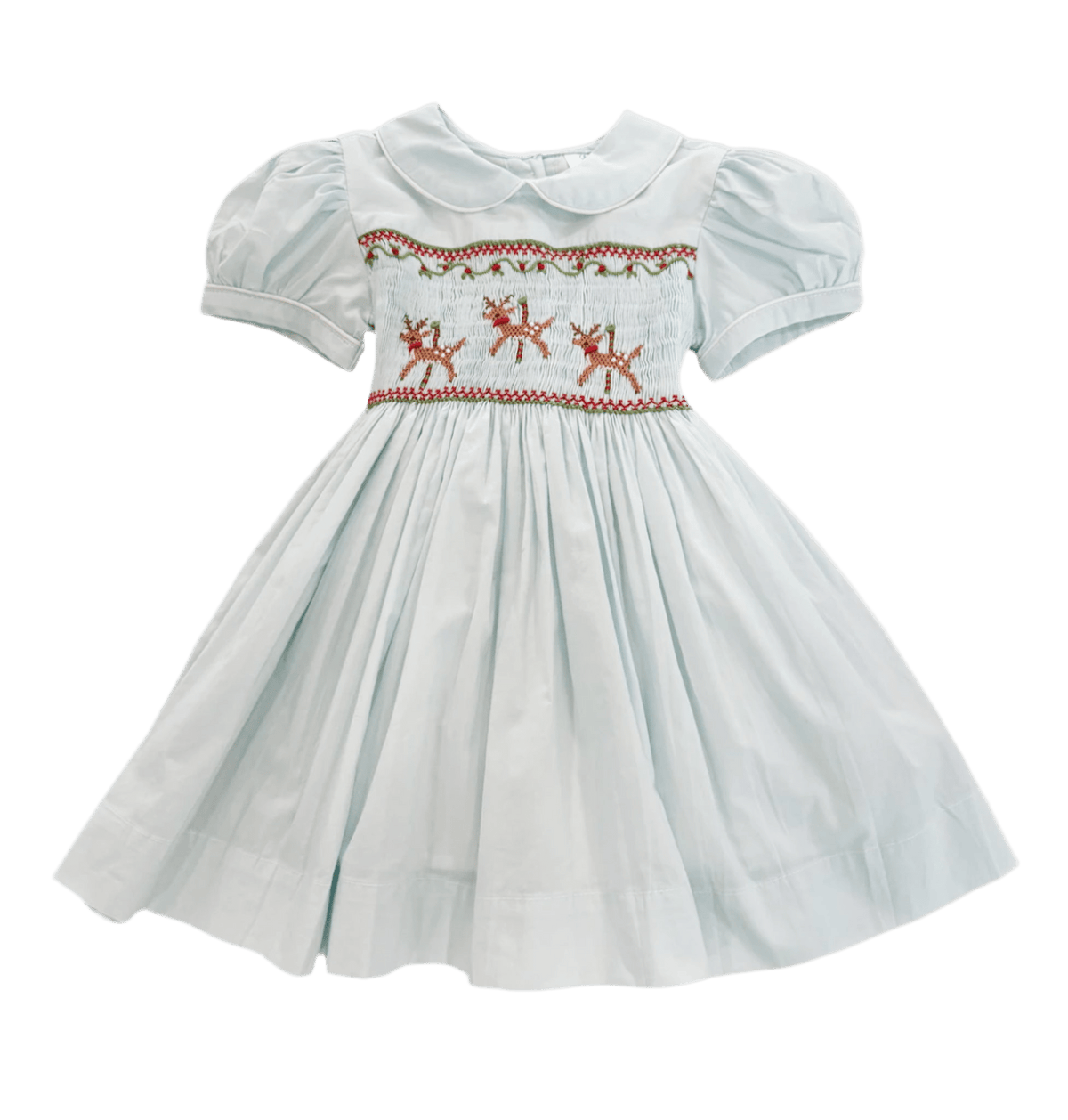 blue smocked dress with reindeer