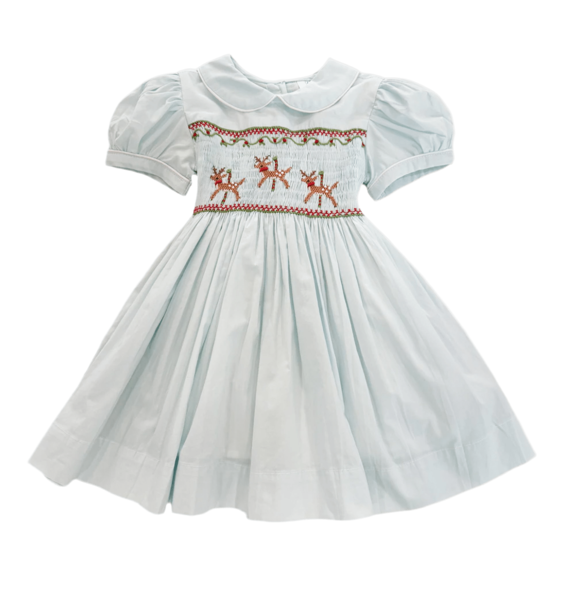 blue smocked dress with reindeer