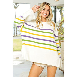 Ive Ribbed Hem Mardi Gras Stripe Sweater