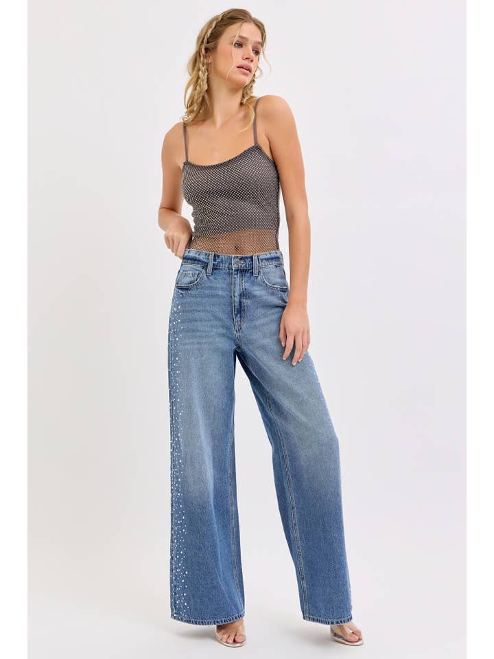 High Rise Wide Leg Jeans with Rhinestone Trim