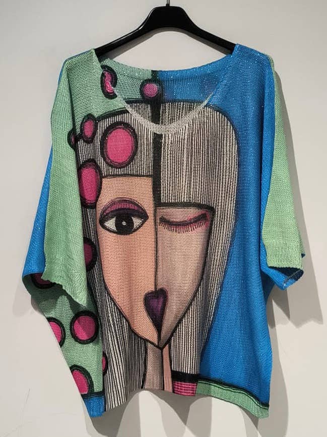 Italian Pink & Green Eye Print Round Neck Knit Sweater