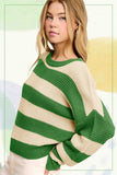 La Miel Loose Fit Striped Round Neck Long Sleeve Sweater in Matcha