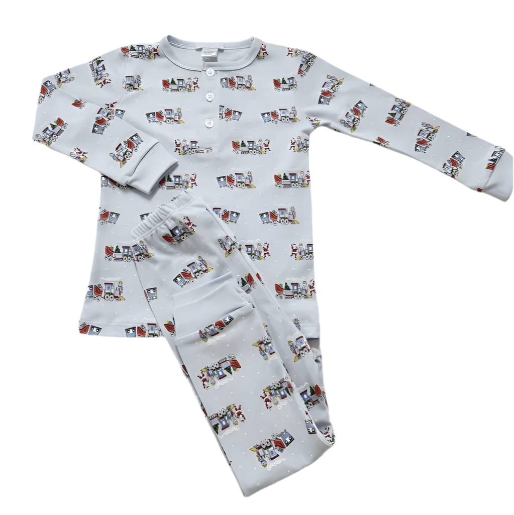 Lulu Bebe Lulu Bebe Blue Christmas Train Pima Long Sleeve Boy 2pc PJ - Little Miss Muffin Children & Home