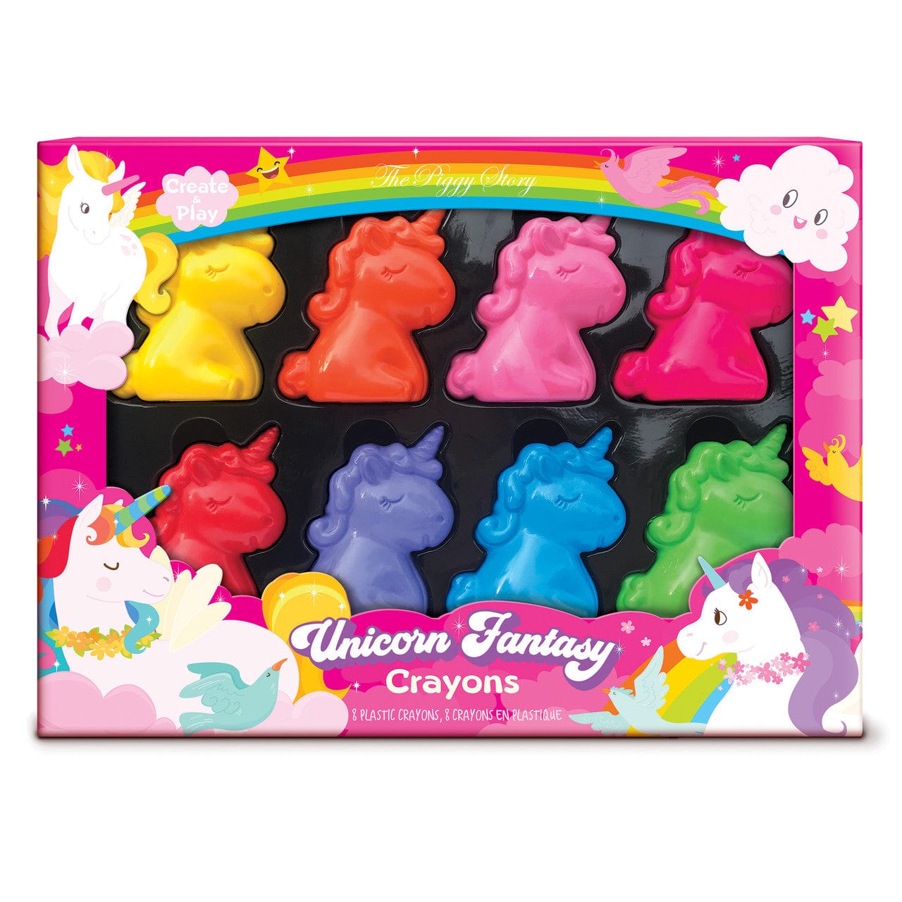 eight crayons shaped like unicorns different colors