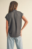 Miou Muse Button Down Cap Sleeve Shirt in Charcoal