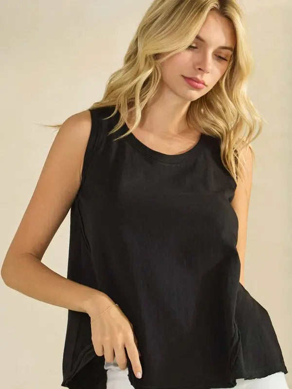 Soft Cotton Tank with Raw Edge Seams in Black