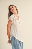 Miou Muse Button Down Cap Sleeve Shirt in Cream