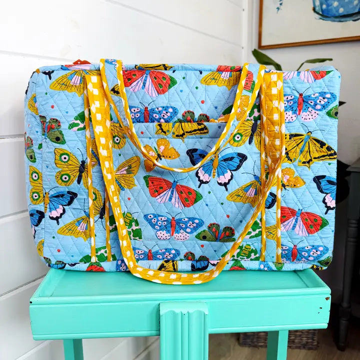 Blue Butterfly Quilted Weekender Duffle Bag