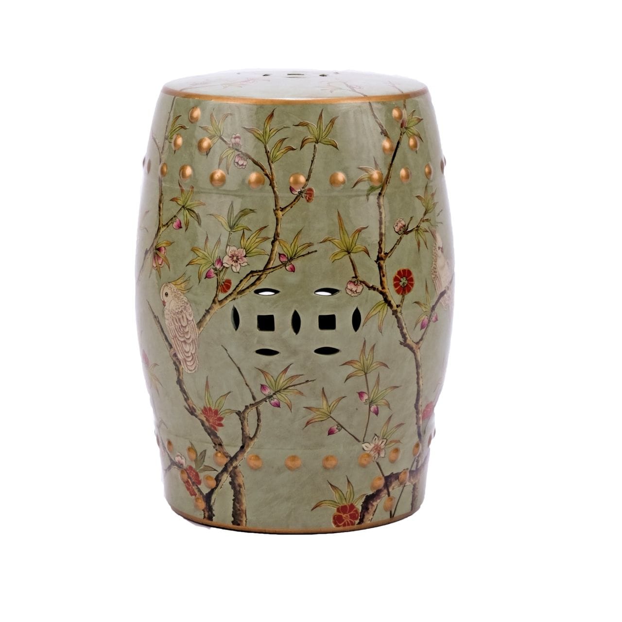 Green Gilt Garden Stool Parrot Floral Motif