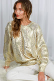 Vine & Love Crew Neck Cable Knit Metallic Foil Sweater in Gold